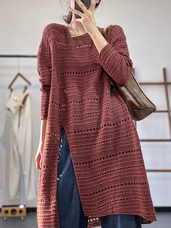 Hollow Solid Color Split-front Long Sleeves Loose Round-neck Sweater Tops