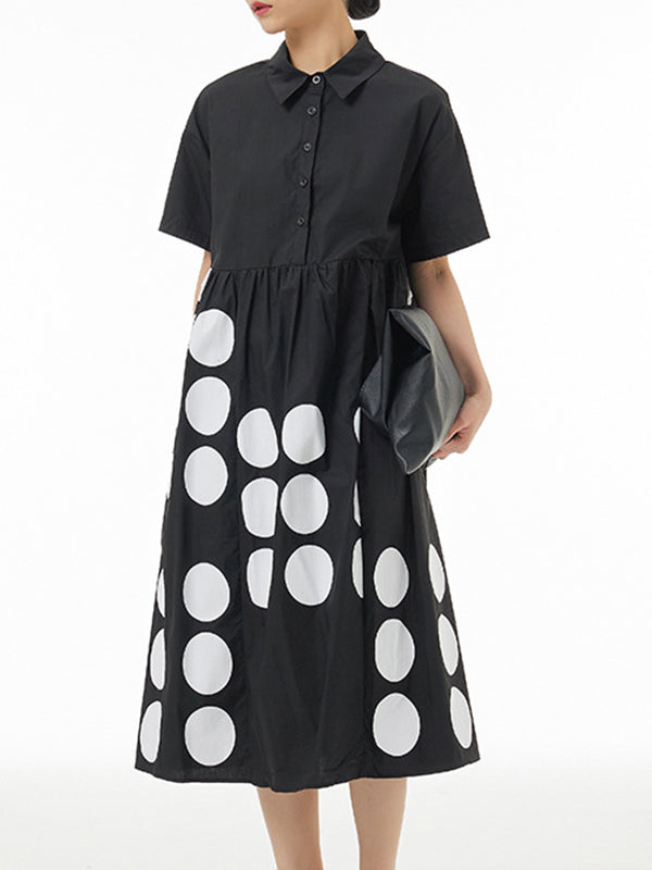 Contrast Color Pleated Split-Joint Loose Short Sleeves Lapel Shirt Dress Midi Dresses
