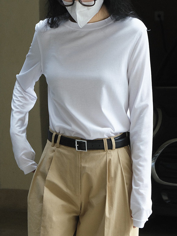 Simple Loose Long Sleeves Solid Color Round-Neck T-Shirts Tops
