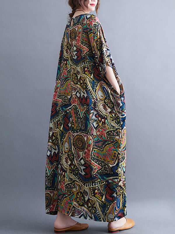 Original Artistic Retro Loose Printed Contrast Color Midi Dress