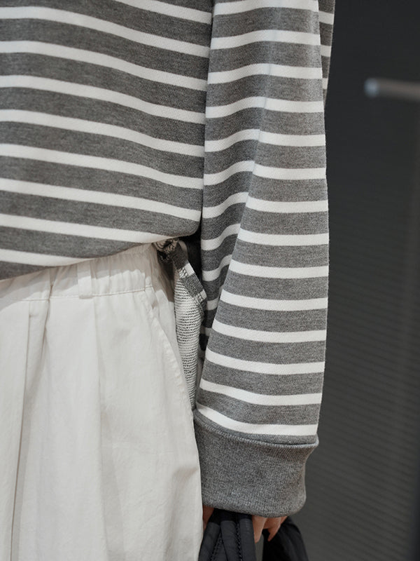Contrast Color Split-Joint Split-side Striped Long Sleeves Loose Round-neck Sweatshirt Tops