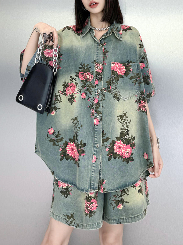 Elasticity Floral Printed Split-Joint Loose Wide Leg Shorts Bottoms