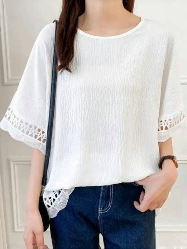 Hollow Solid Color Flared Sleeves Half Sleeves Round-Neck T-Shirts Tops