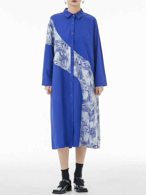 Asymmetric Buttoned Printed A-line Long Sleeves Lapel Shirt Dress Midi Dresses