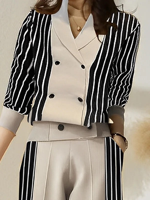 Buttoned Contrast Color Split-Joint Striped Long Sleeves Loose V-Neck Cardigan Tops