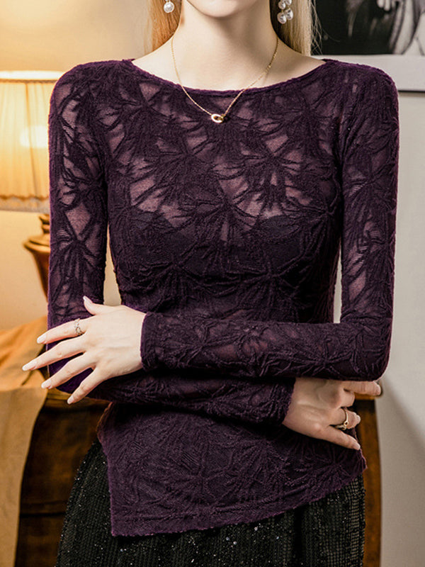 Hollow See-Through Solid Color Split-Side Long Sleeves Plus Size Round-Neck T-Shirts Tops