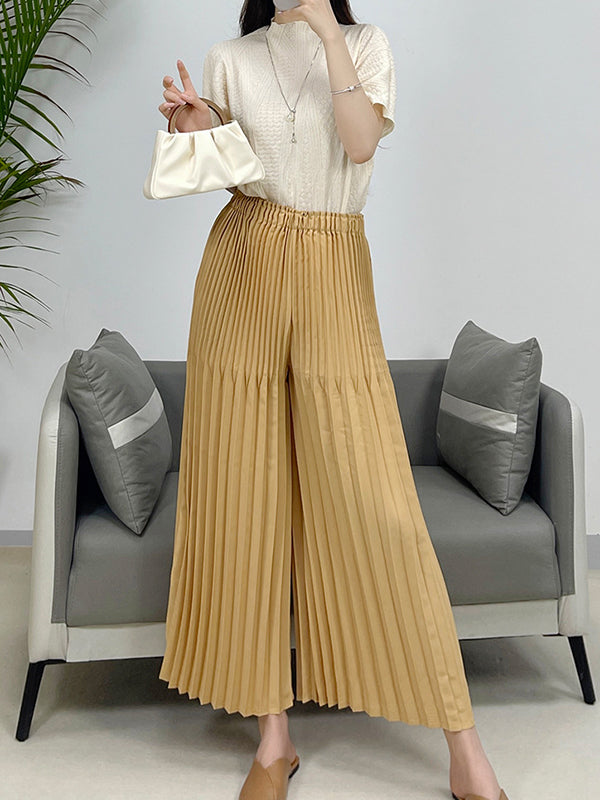 Elasticity Pleated Solid Color Split-Joint High Waisted Loose Trousers Pants