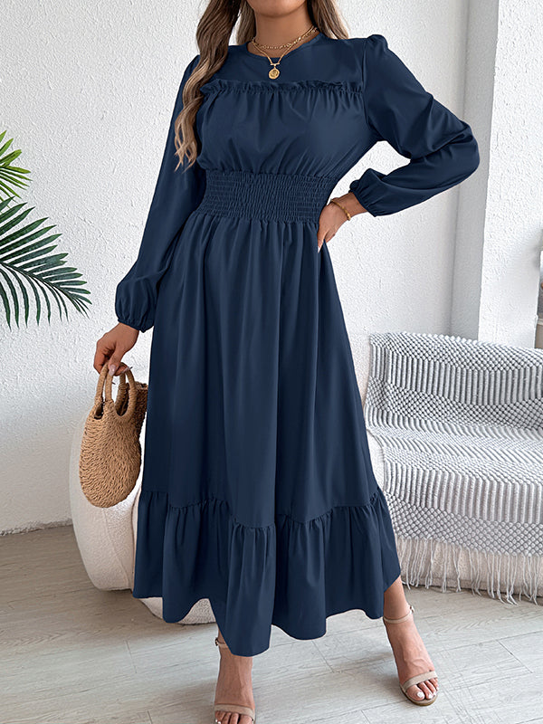 Pleated Solid Color A-Line Elasticated Waist Round-Neck Maxi Dresses