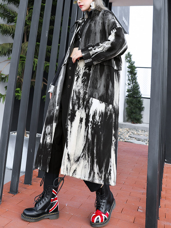 Drawstring Split-Joint Zipper Long Sleeves Loose Round-Neck Trench Coats