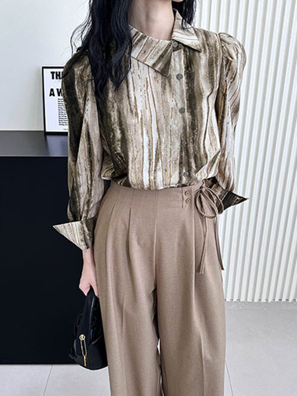 Asymmetric Gradient Pleated Printed Loose Puff Sleeves Lapel Blouses