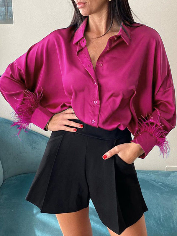 Loose Wrap Feathers Solid Color Split-Joint Lapel Collar Blouses&Shirts Tops