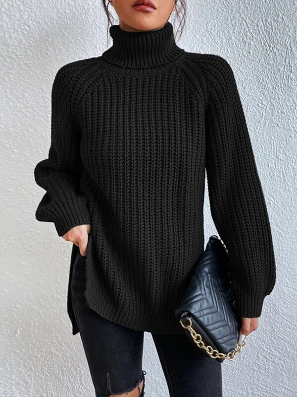 Solid Color Split-side Long Sleeves Loose High Neck Sweater Tops Pullovers