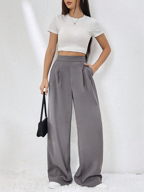 Elasticity Pleated Pockets Solid Color High Waisted Loose Trousers Pants