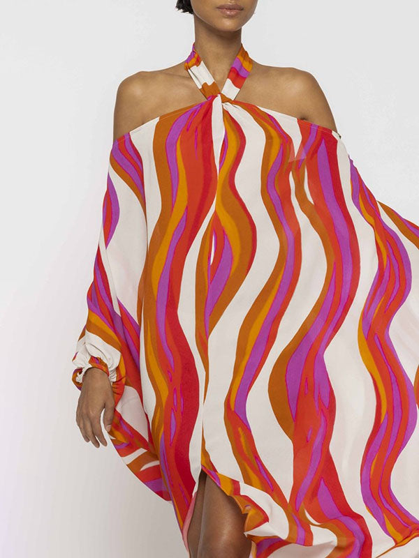 Irregular Clipping Printed Split-Front Halter-Neck Maxi Dresses