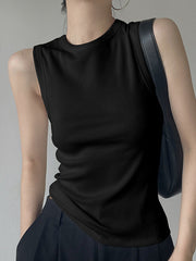 See-Through Solid Color Split-Joint Skinny Sleeveless Round-neck Vest Top