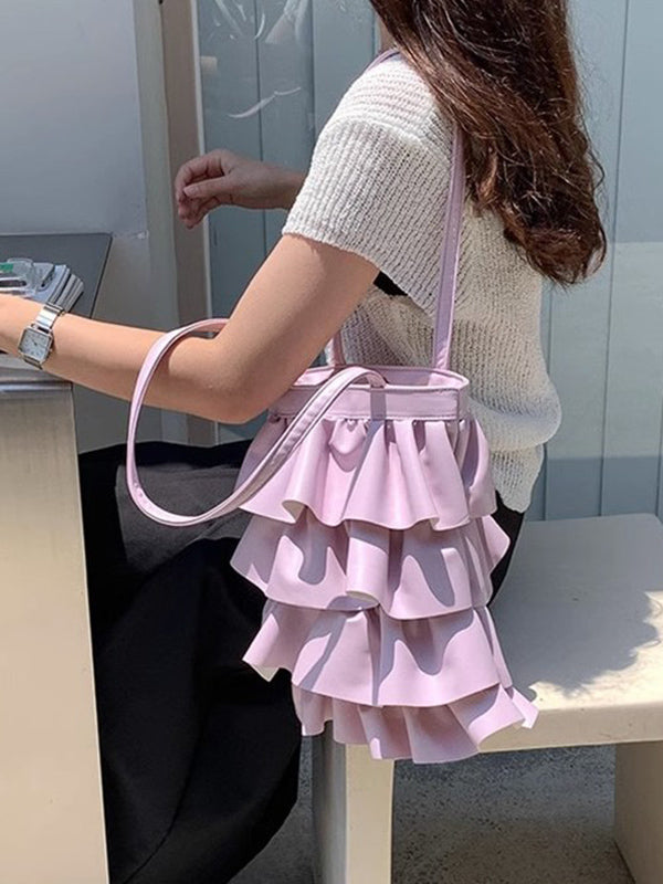 Layered Pleated Pockets Solid Color Zipper Handbags