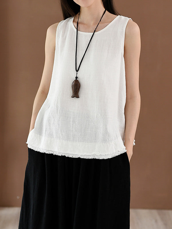Fringed Solid Color Loose Sleeveless Round-Neck Vest Top