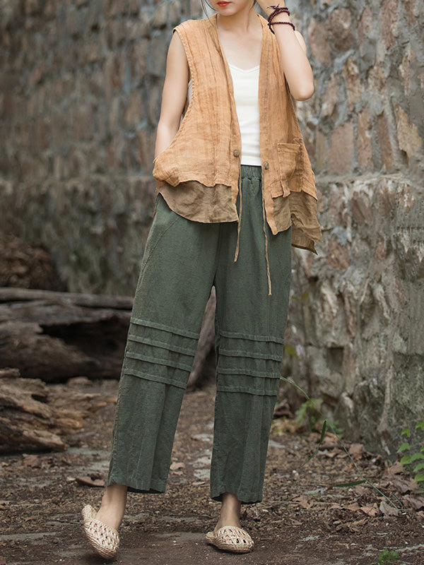 Pleated Solid Color Split-Joint High Waisted Loose Trousers Ninth Pants