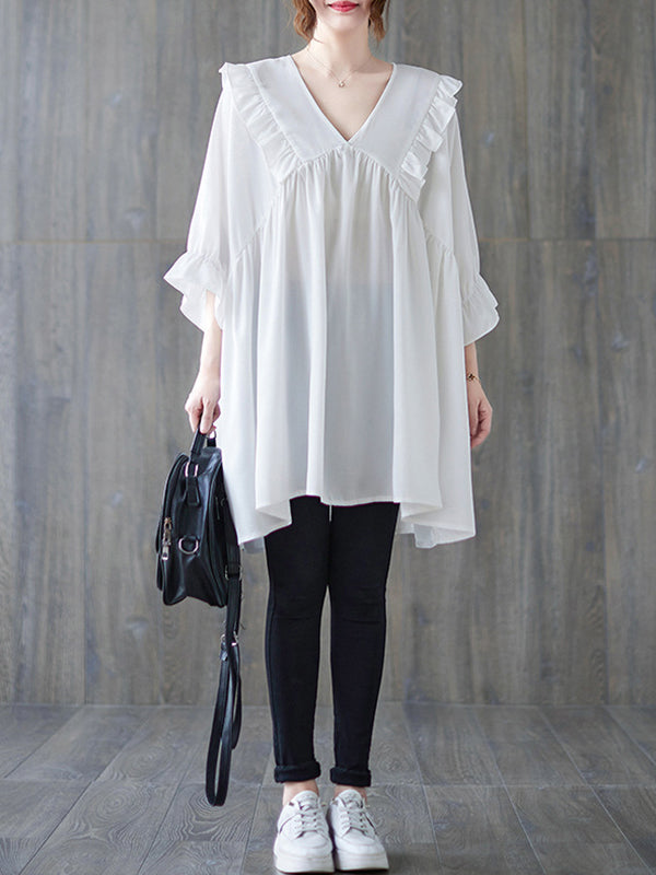 Ruffled Solid Color Loose Ruffle Sleeves Peter Pan Collar Blouses&Shirts Tops