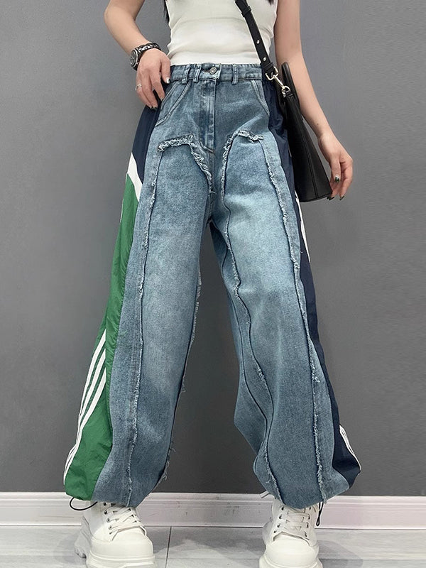 Contrast Color Drawstring Elasticity Fringed Split-Joint Loose Wide Leg Jean Pants Bottoms