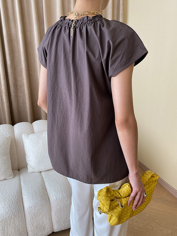 Elasticity Pleated Solid Color Split-Joint Flying Sleeves V-Neck Blouses&Shirts Tops