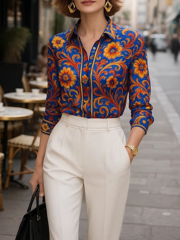 Buttoned Flower Print Long Sleeves Lapel Blouses&Shirts Tops