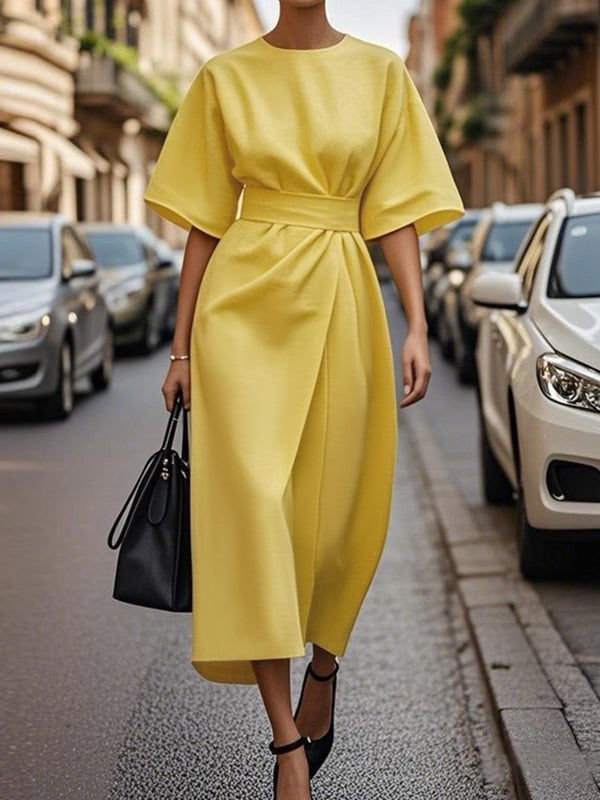 Pleated Solid Color Split-Joint Loose Short Sleeves Round-Neck Midi Dresses