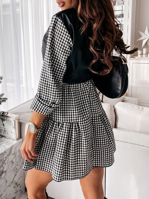 Contrast Color Plaid Pleated Split-Joint Long Sleeves Loose Lapel Mini Dresses