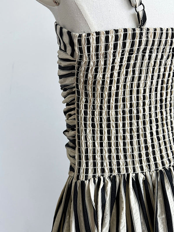 Pleated Split-Joint Striped Loose Sleeveless Spaghetti-Neck Midi Dresses