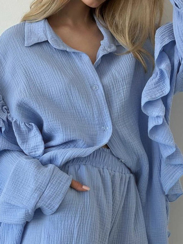 Split-Joint Lapel Long Sleeves Loose Buttoned Ruffle Trim Solid Color Blouses Tops + Elasticity Shorts Bottom Two Pieces Set
