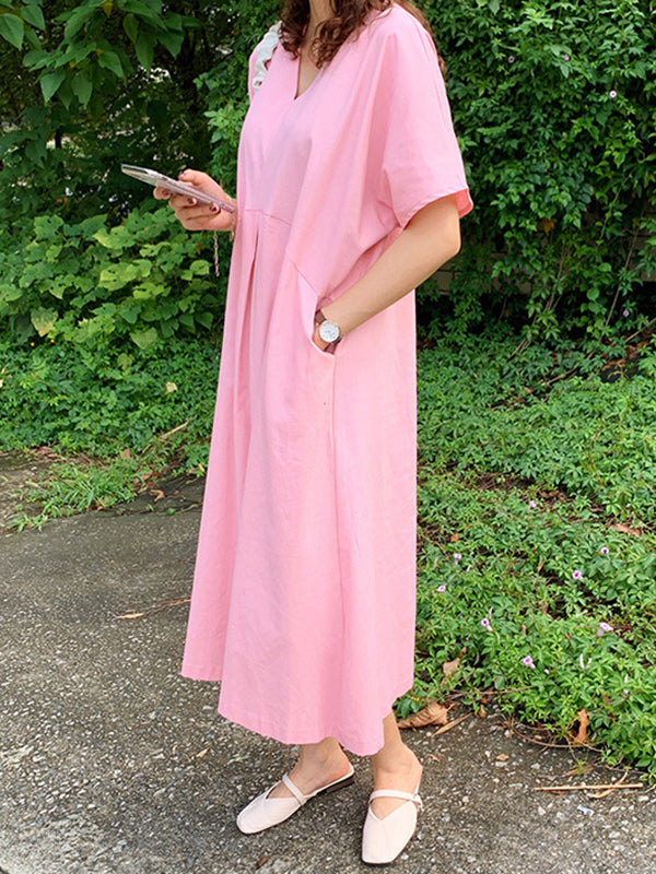 Loose Solid Color V-Neck Pleated With Pockets Midi Dresses