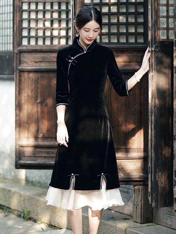 Vintage Beaded False Two Half Sleeves Long Cheongsams