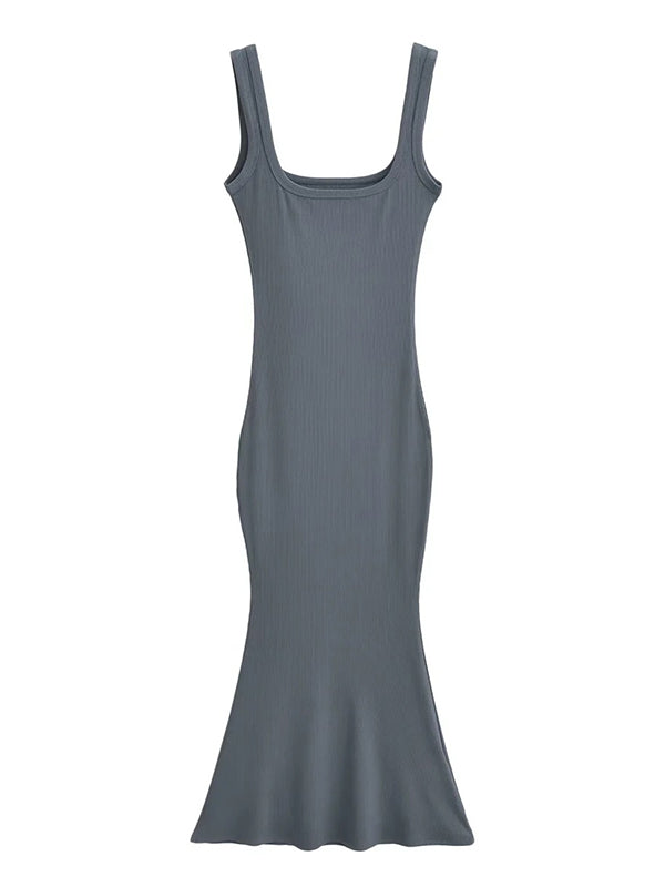 Solid Color Mermaid Skinny Round-Neck Maxi Dresses