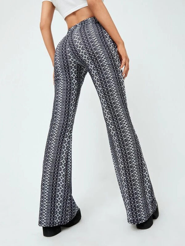 Elasticity Printed Split-Joint High Waisted Skinny Pants Flared Trousers