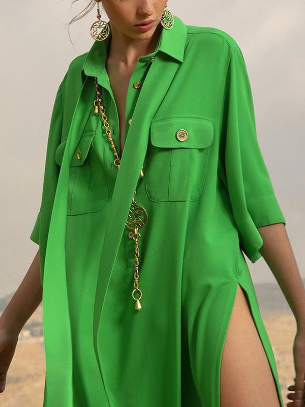 Buttoned Pockets Split-Side Tied Half Sleeves Loose Lapel Maxi Dresses