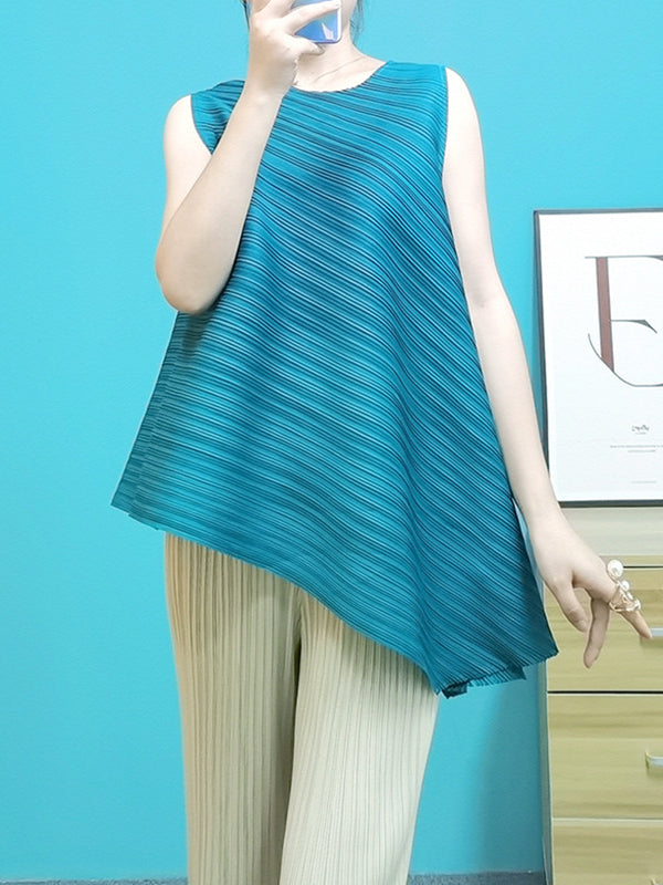 Pleated Solid Color Irregular Clipping Loose Round-Neck Vest Top