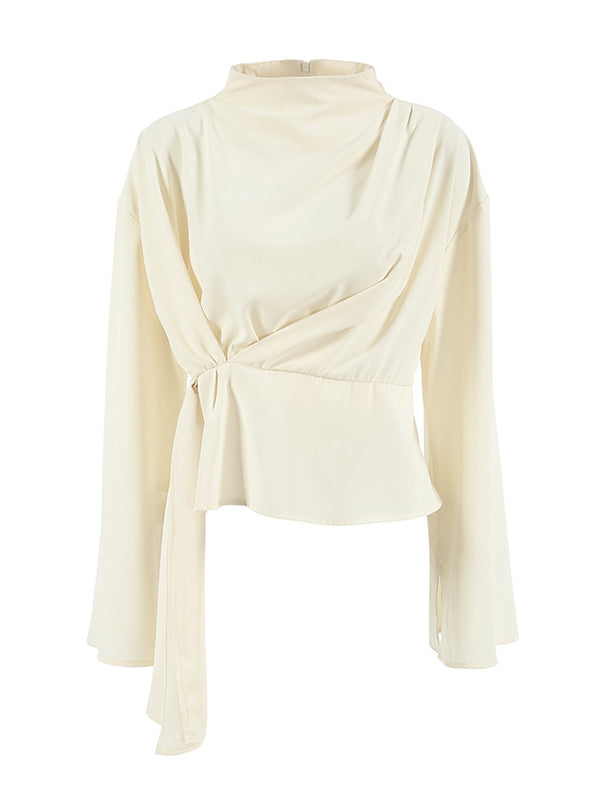Pleated Solid Color Zipper Flared Sleeves Long Sleeves Stand Collar Blouses&Shirts Tops