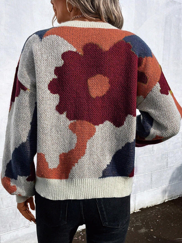 Asymmetric Knitted Flower Split-Joint Loose Puff Sleeves Round-Neck Sweater Tops
