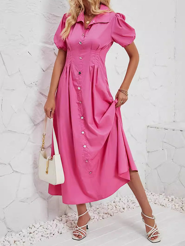 Pleated Split-Joint Loose Puff Sleeves Lapel Shirt Dress Maxi Dresses