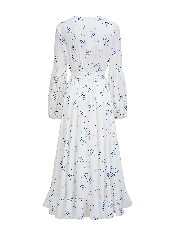 Pleated Polka-Dot Tied Waist High Waisted High-Low V-Neck Maxi Dresses