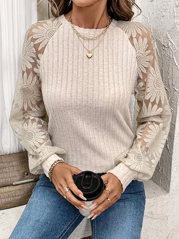 See-Through Split-Joint Long Sleeves Loose Round-Neck T-Shirts Tops