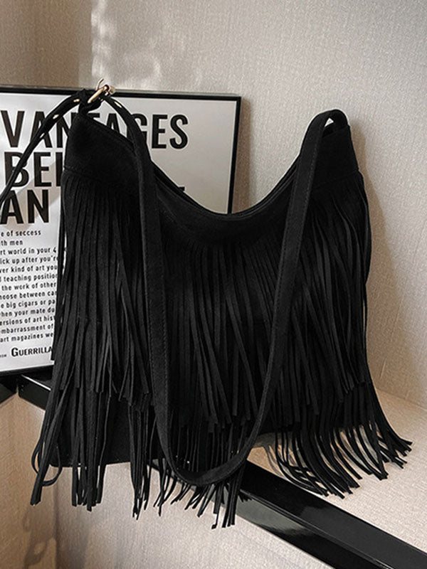 Hollow Solid Color Tasseled Zipper Handbags Crossbody Bags