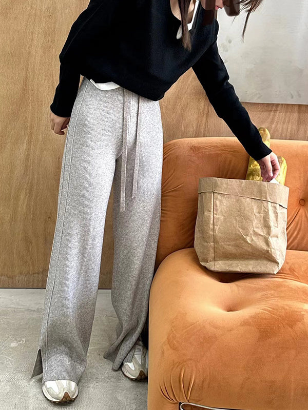 Drawstring Solid Color Split-Side Velvet High Waisted Loose Trousers Pants