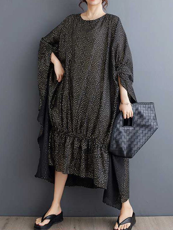 Elasticity Polka-Dot Split-Joint Batwing Sleeves Half Sleeves Round-Neck Midi Dresses