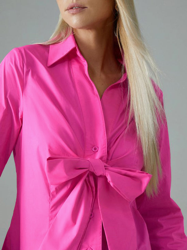 Long Sleeves Bow-Embellished Buttoned Solid Color Lapel Blouses&Shirts Tops