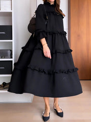 Ruffled Solid Color Split-Joint A-Line Loose Round-Neck Maxi Dresses