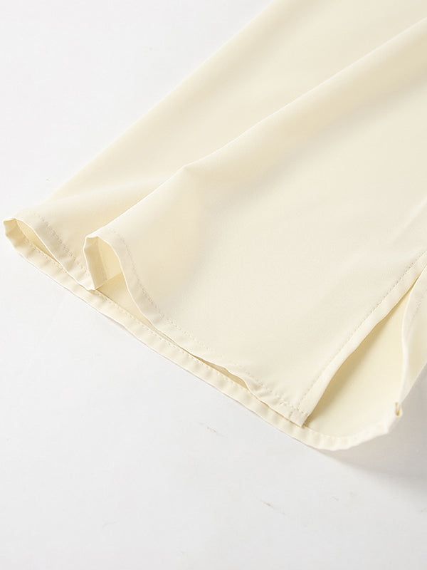 Pleated Solid Color Zipper Flared Sleeves Long Sleeves Stand Collar Blouses&Shirts Tops