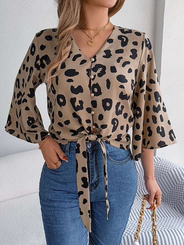 Buttoned Leopard Tied Flared Sleeves Half Sleeves V-Neck Blouses&Shirts Tops