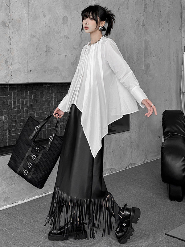 Asymmetric Pleated Solid Color Hipster Irregularity Round-Neck Blouses&Shirts Tops