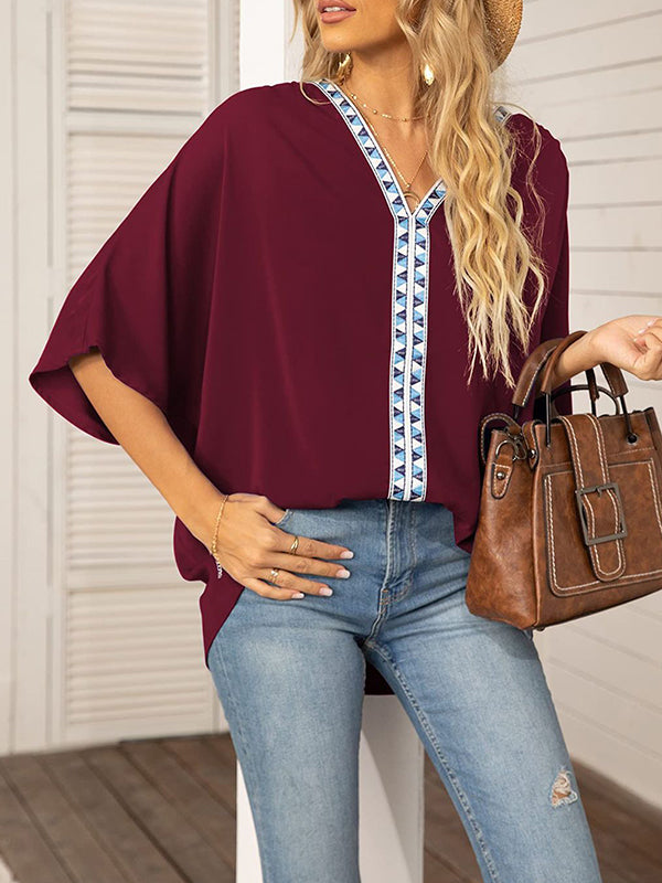Split-Joint Batwing Sleeves Loose V-neck Blouses&shirts Tops